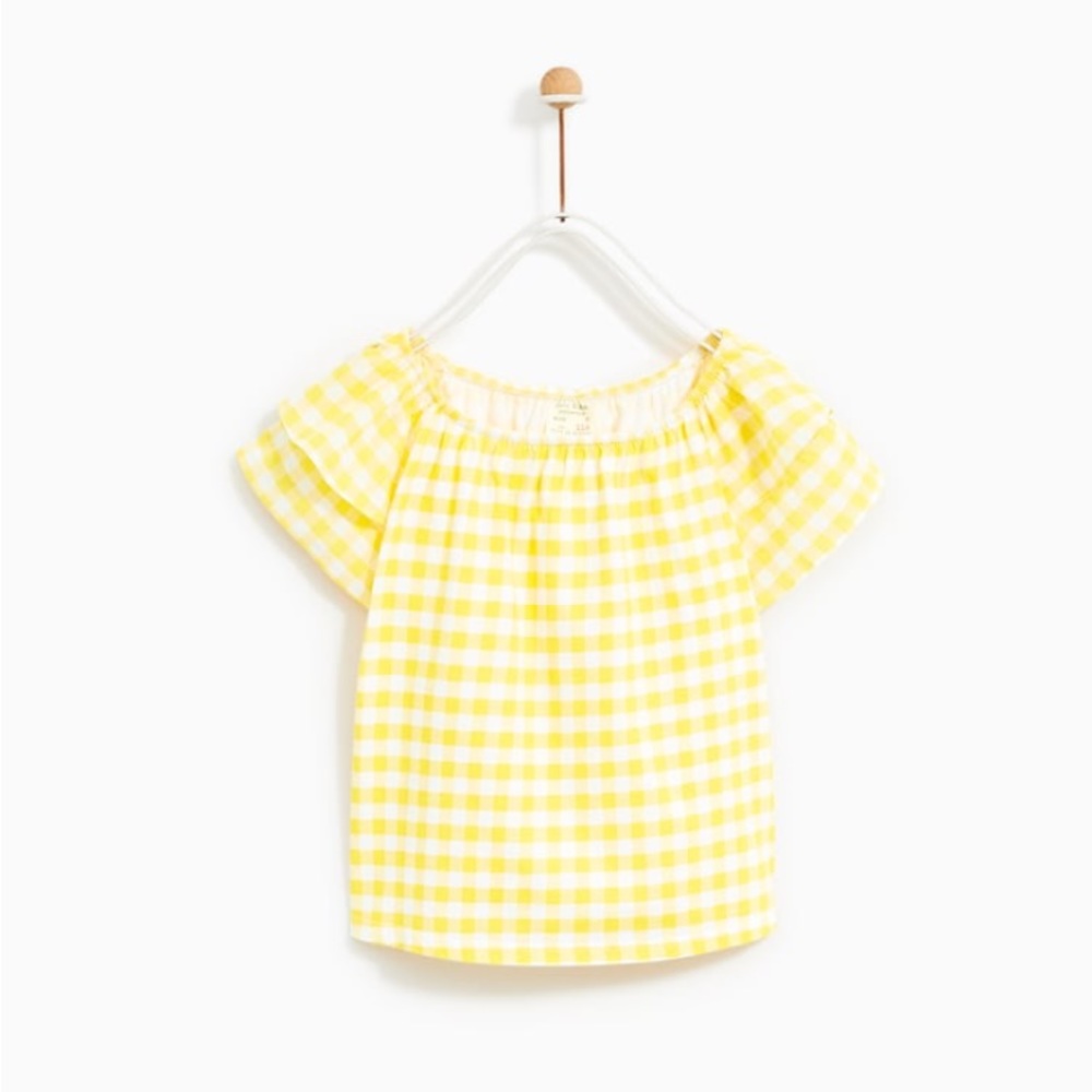 Zara Girls’ Yellow Cotton Gingham Print S/S Tee With Ruffle Sleeves